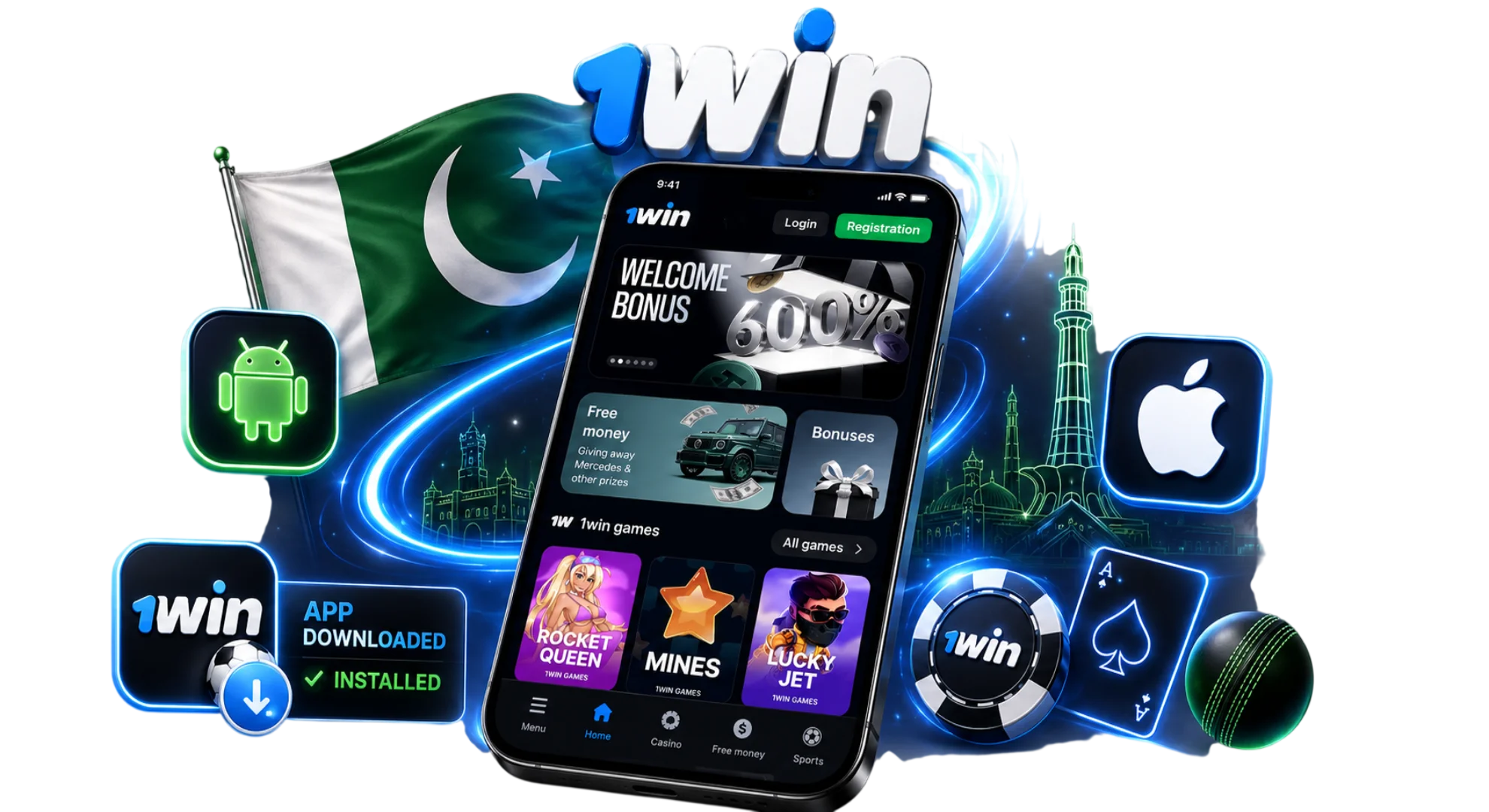 Download 1win APK for Android and iOS in Pakistan showing the official mobile sportsbook and casino interface