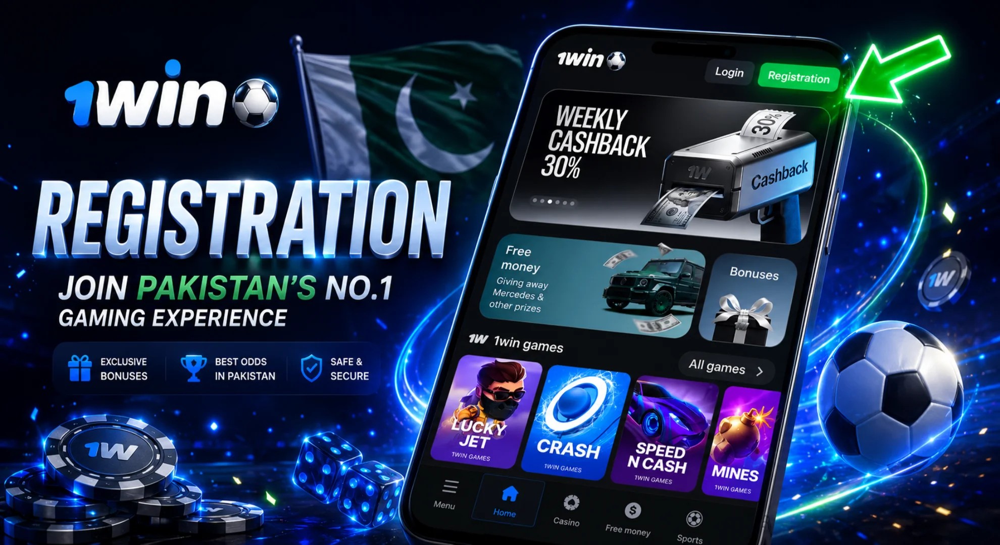 Smartphone screen highlighting the green registration button on the 1win Pakistan mobile app interface