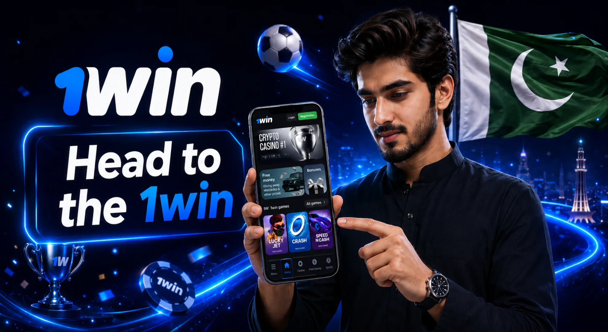 A man holding a smartphone displaying the official 1win online portal with the Pakistan flag and a football in the background