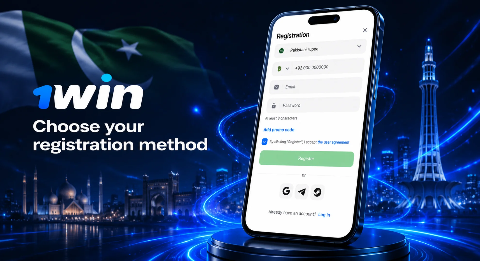 Choosing a sign-up method on the mobile registration form of the official 1win website with a neon background