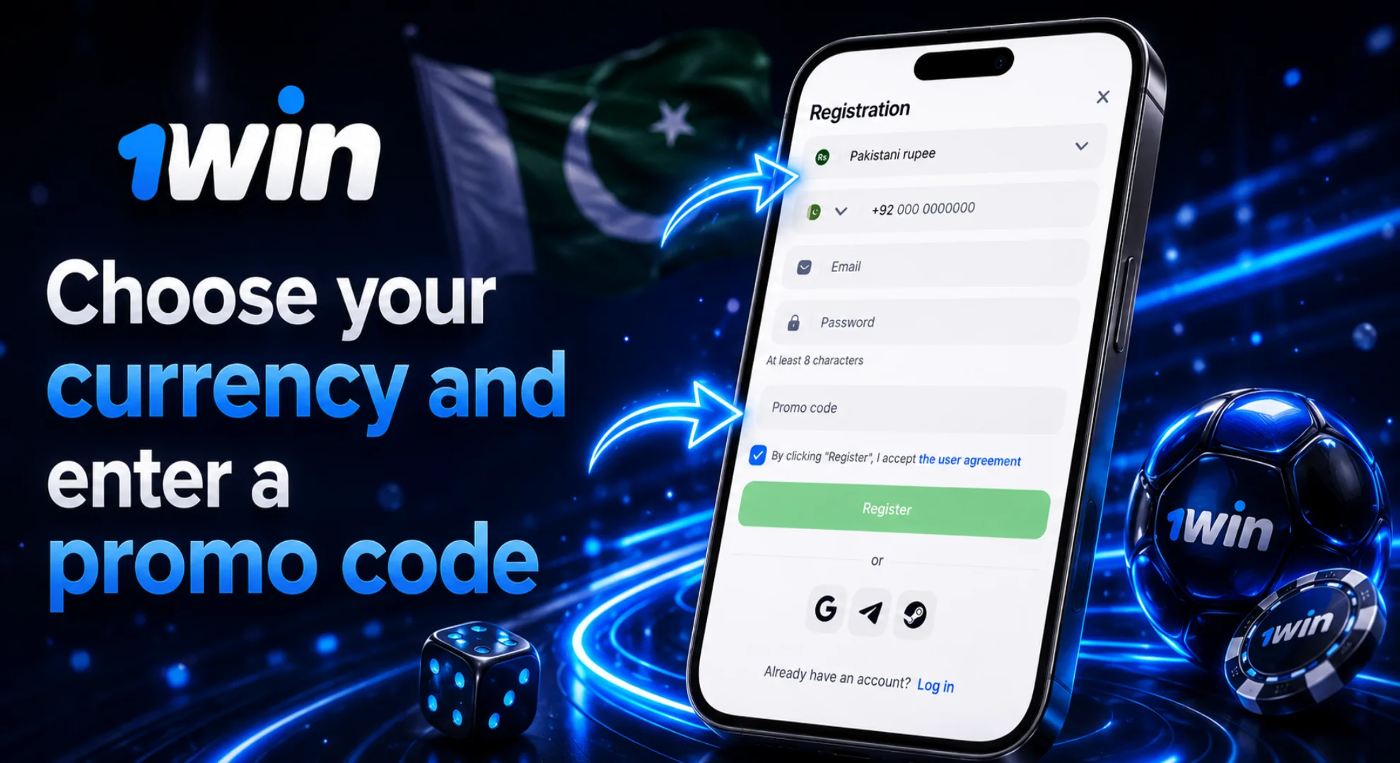 Selecting currency and entering a promo code in the fields of the 1win registration form on a mobile device