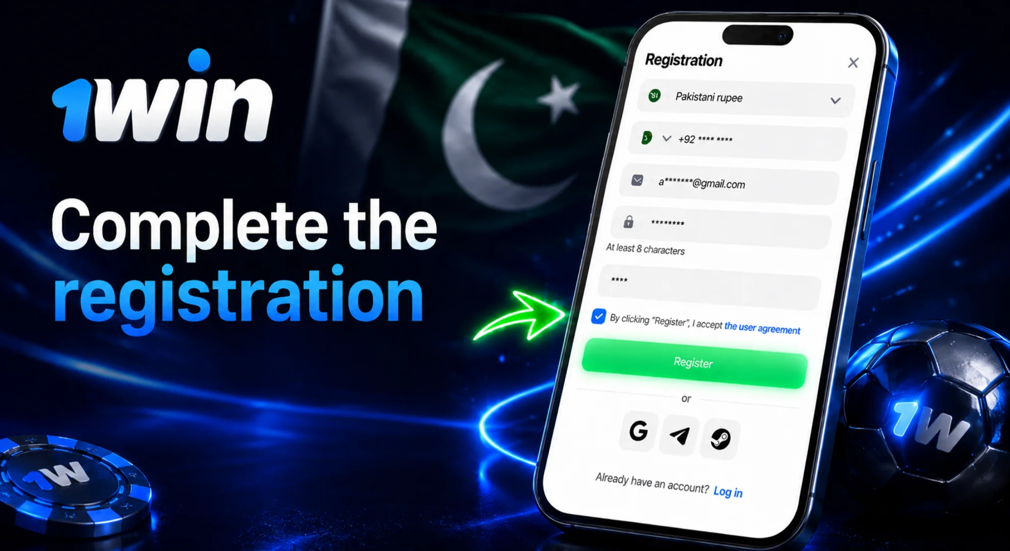 Completing the account creation process on the 1win registration page with data fields filled out on a smartphone