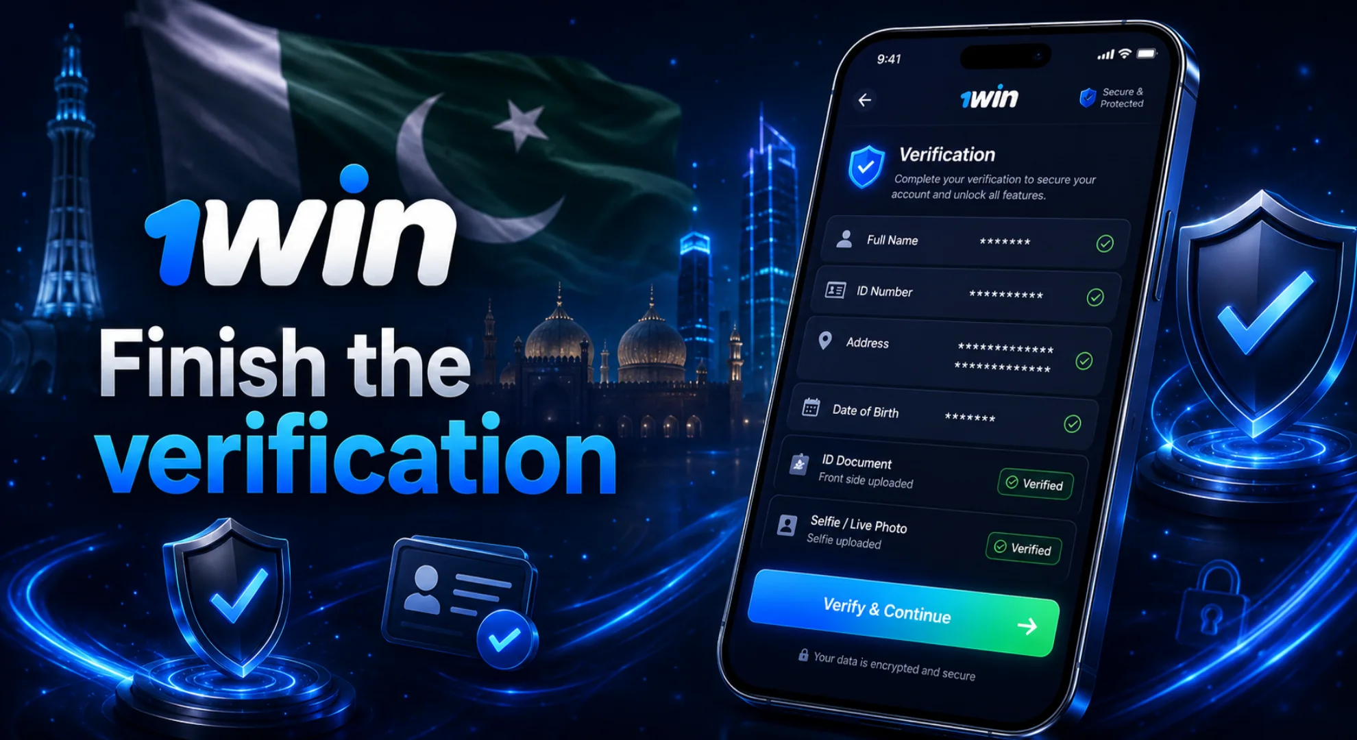 Finishing the identity verification process on the 1win app displaying security shields and account protection features
