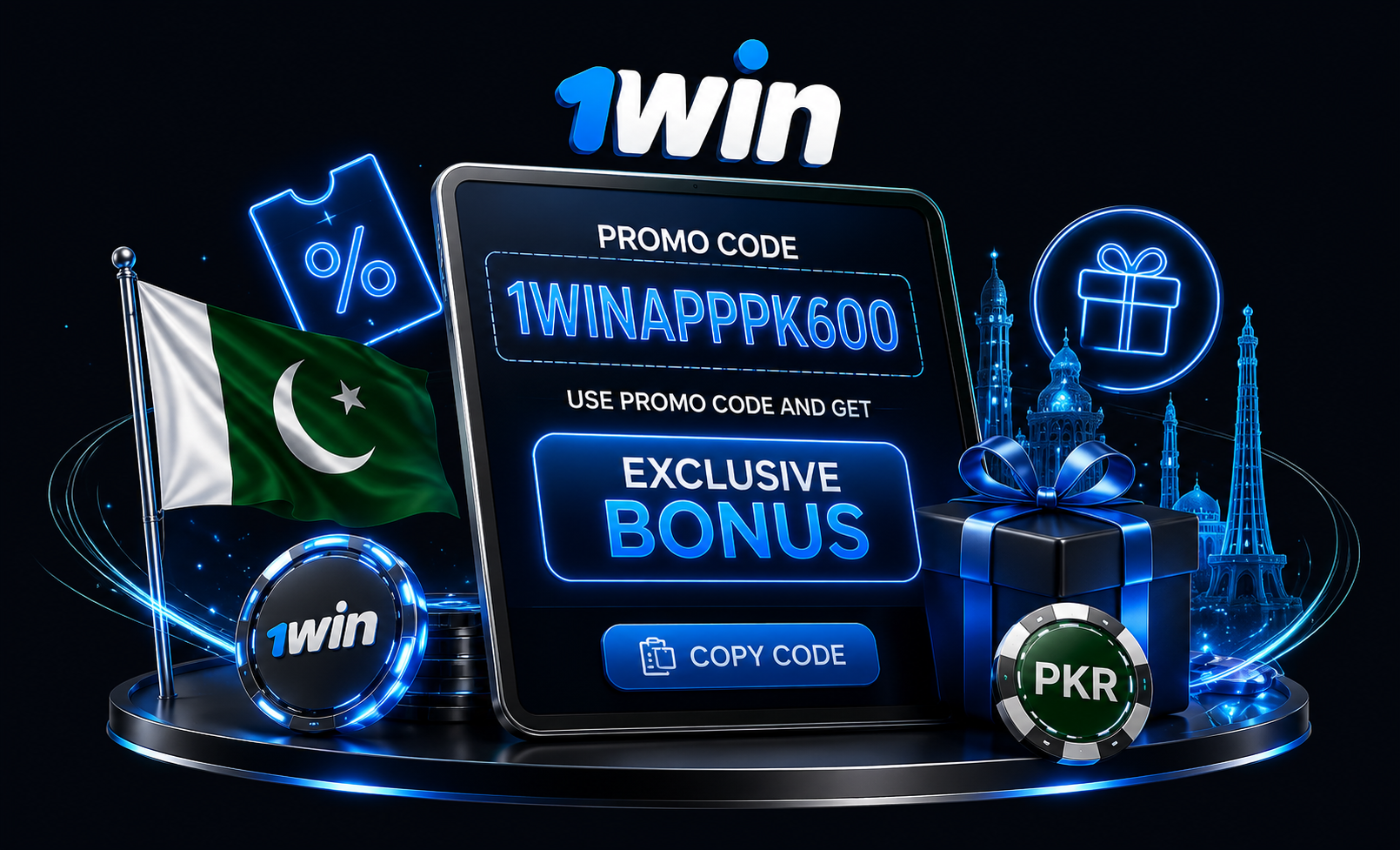 1win promo code in Pakistan displayed on a tablet with the promo code