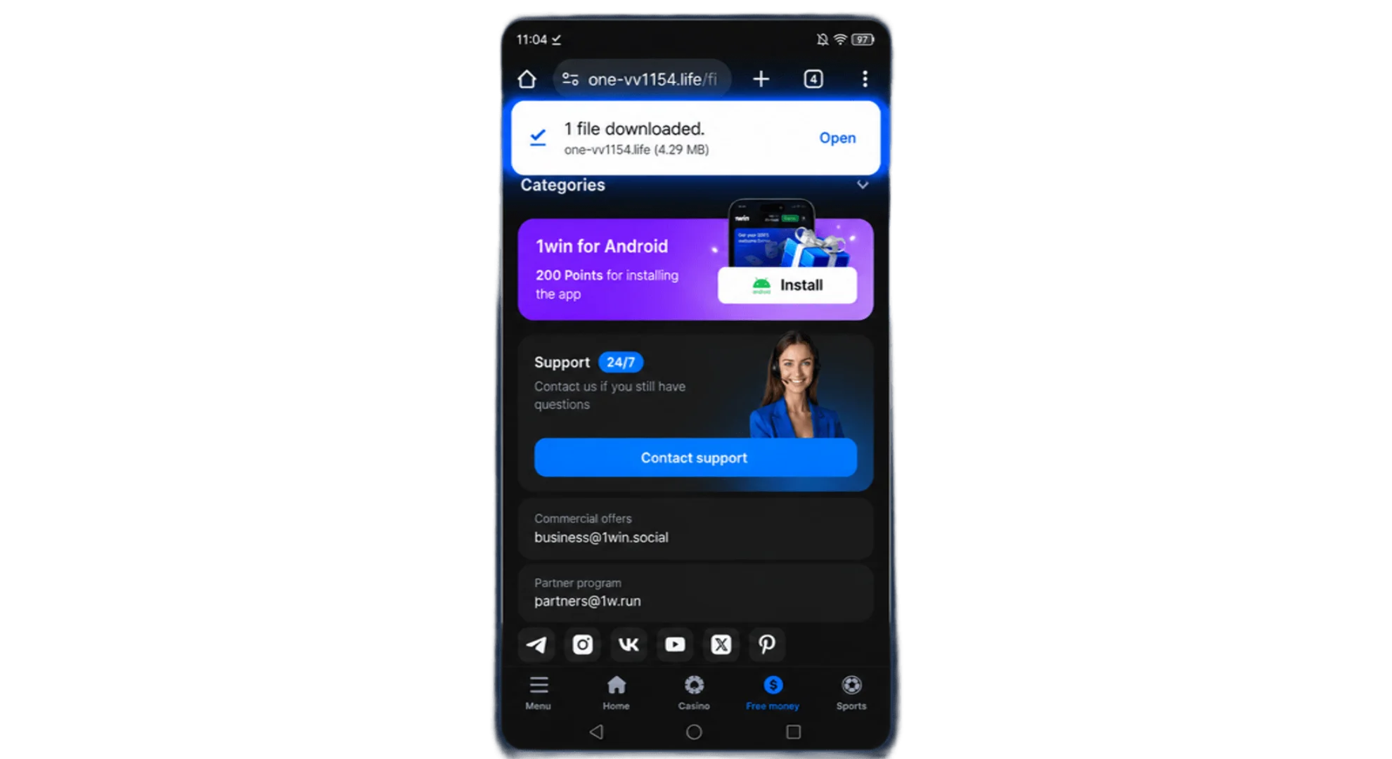 1win APK download completion notification