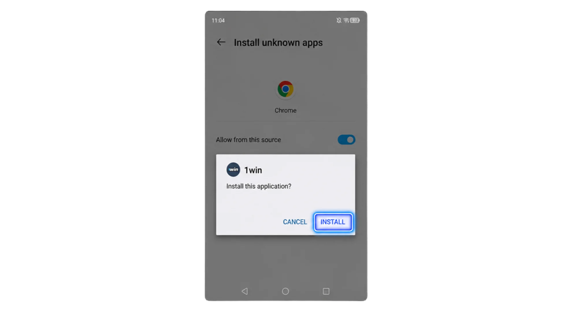 The 1win application installation stage is to click the "install" button