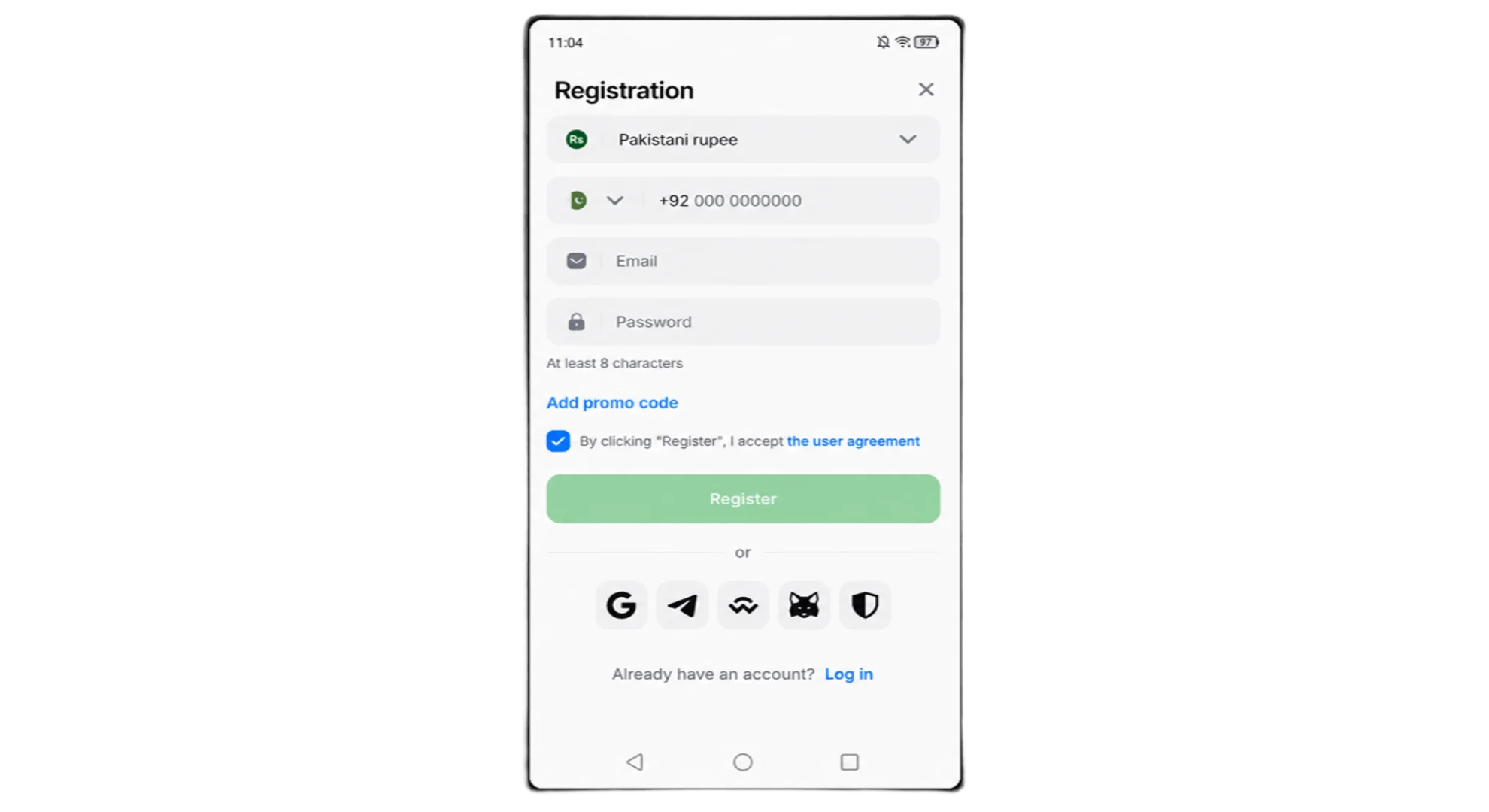 Open registration form in the 1win mobile app