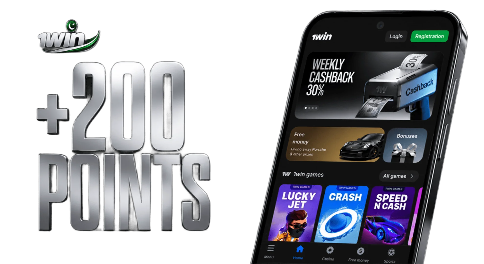 A smartphone with the 1win app open, with a 200 points reward for installing it nearby.