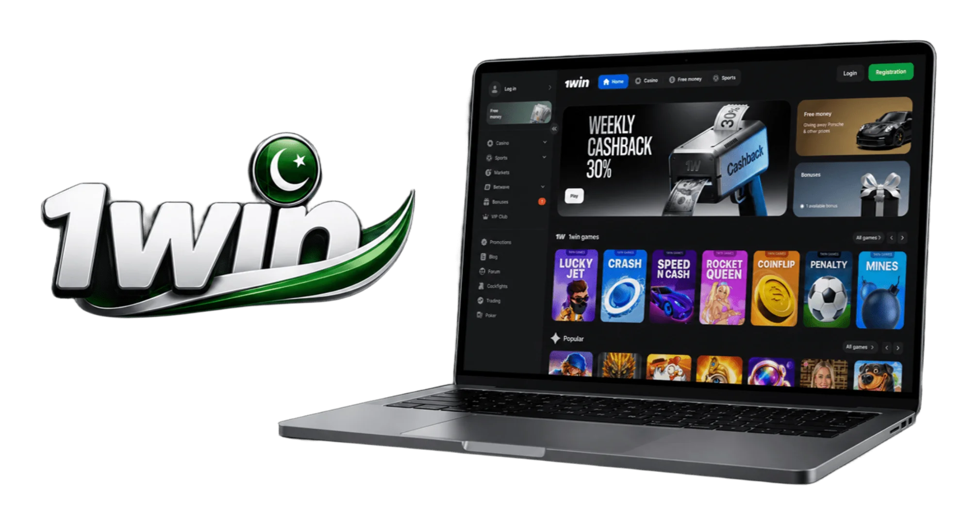 Laptop screen with the 1win PC app open