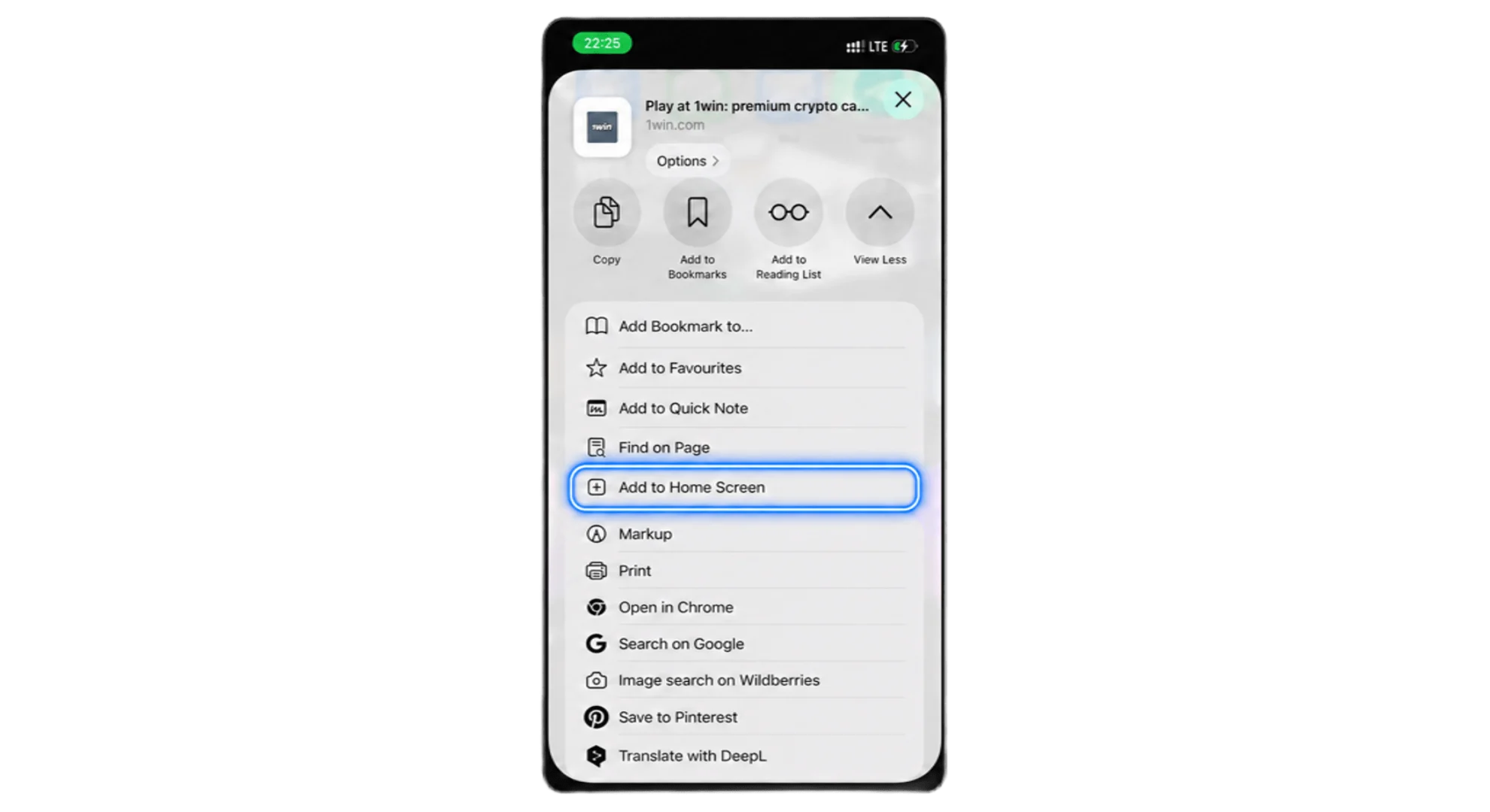Safari settings for installing the 1win app on iOS, with the "Add to Home Screen" button highlighted.