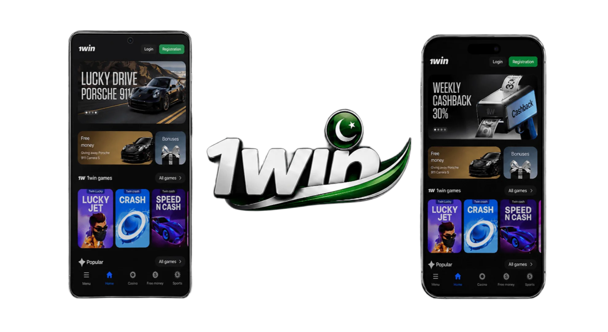 Android and iOS smartphones with the 1win app open