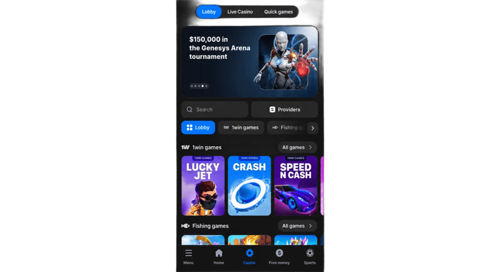 Official website with an open casino section on 1win