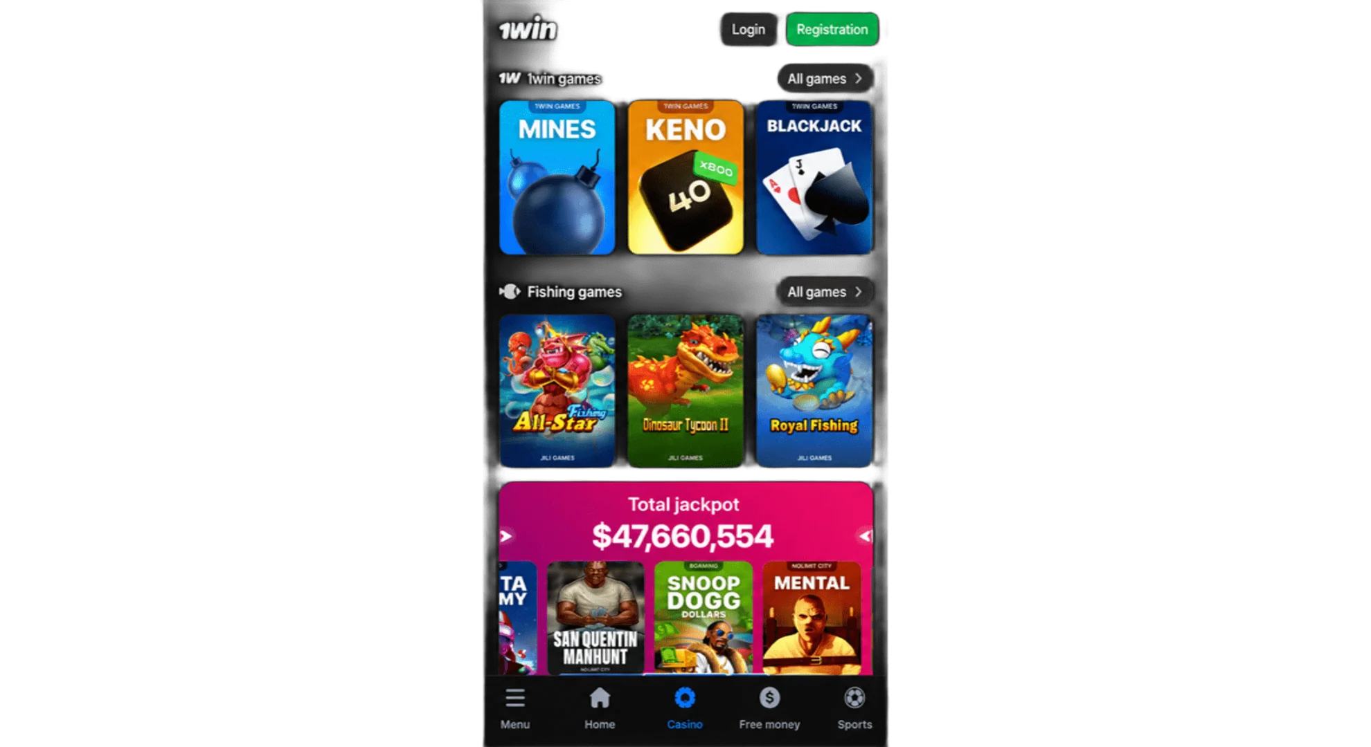 Various sections of the 1win casino - slots, live casino, game shows, table games