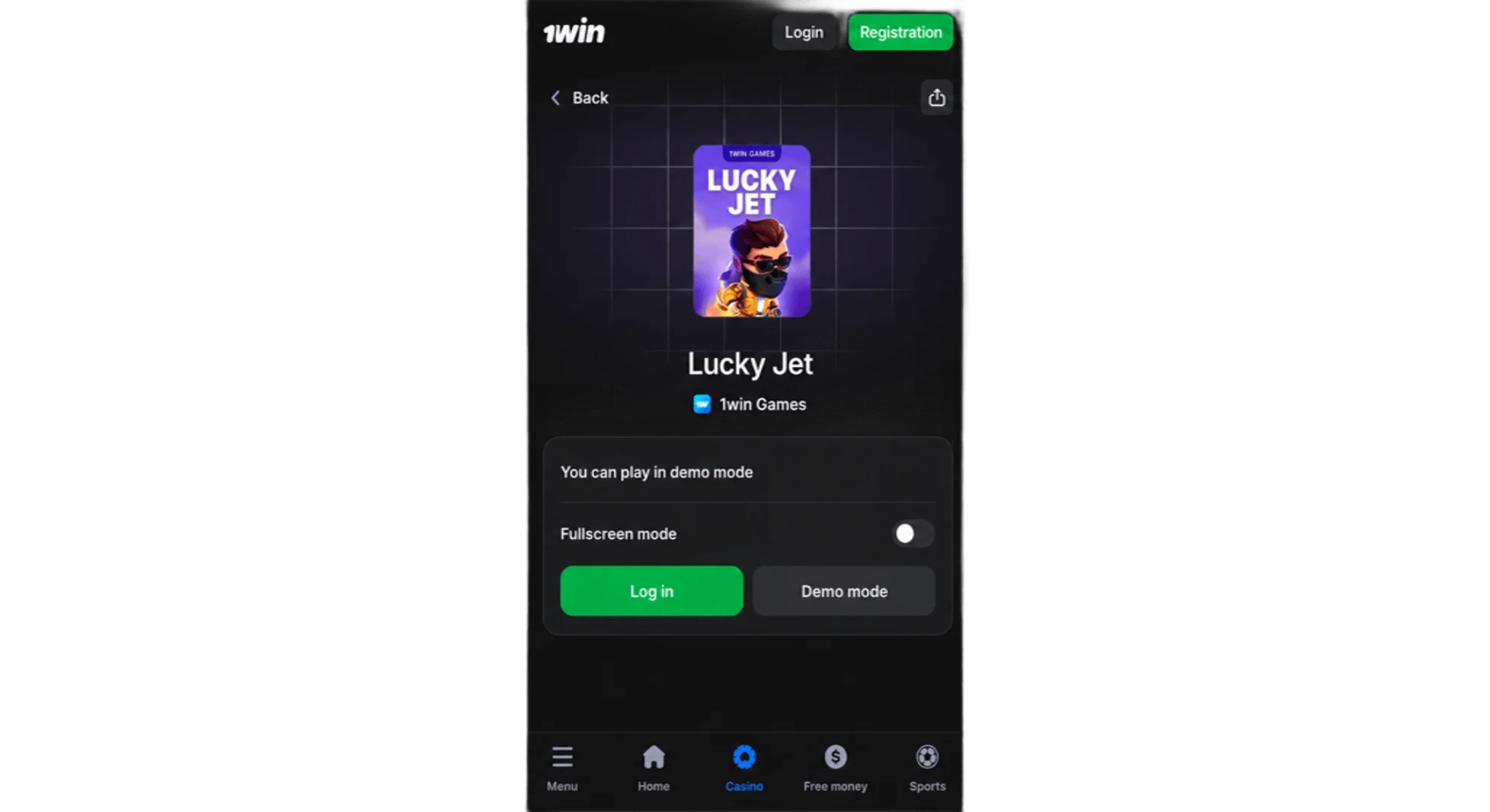 Select a game from the 1win casino section - Lucky Jet game with a choice of modes
