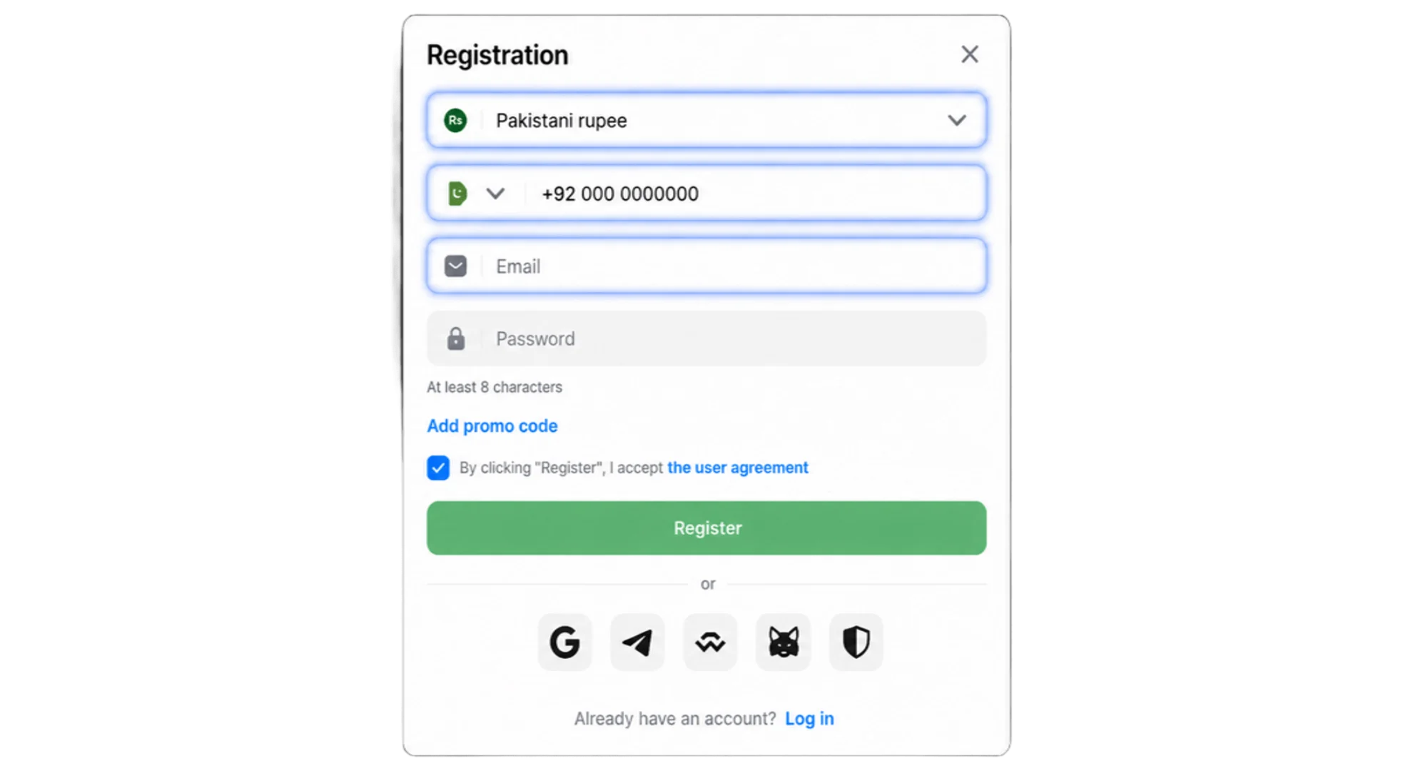 1win registration form - currency selection