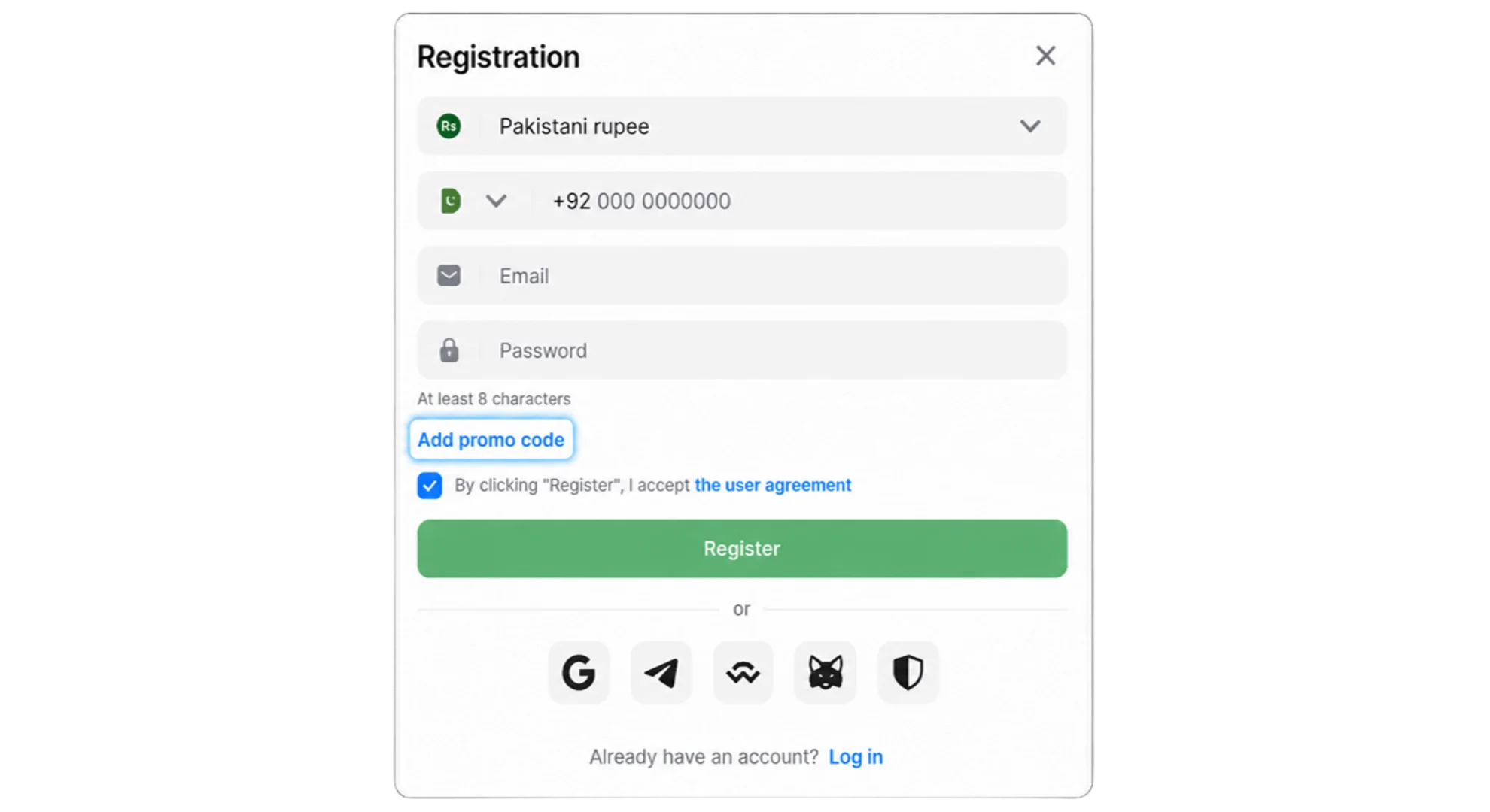 The "add promo code" button on the 1win registration form