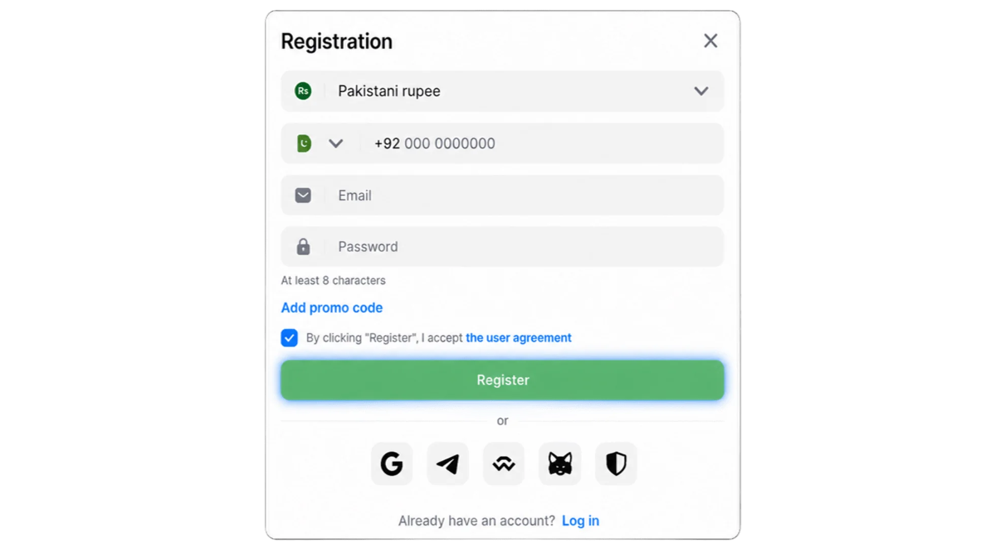 Green "registration" button to complete the registration process