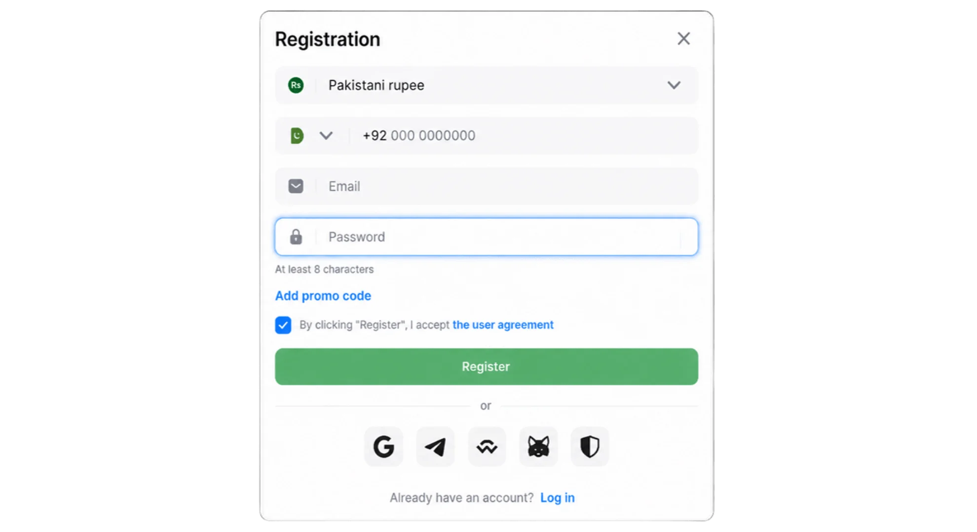 Creating a password when registering on 1win